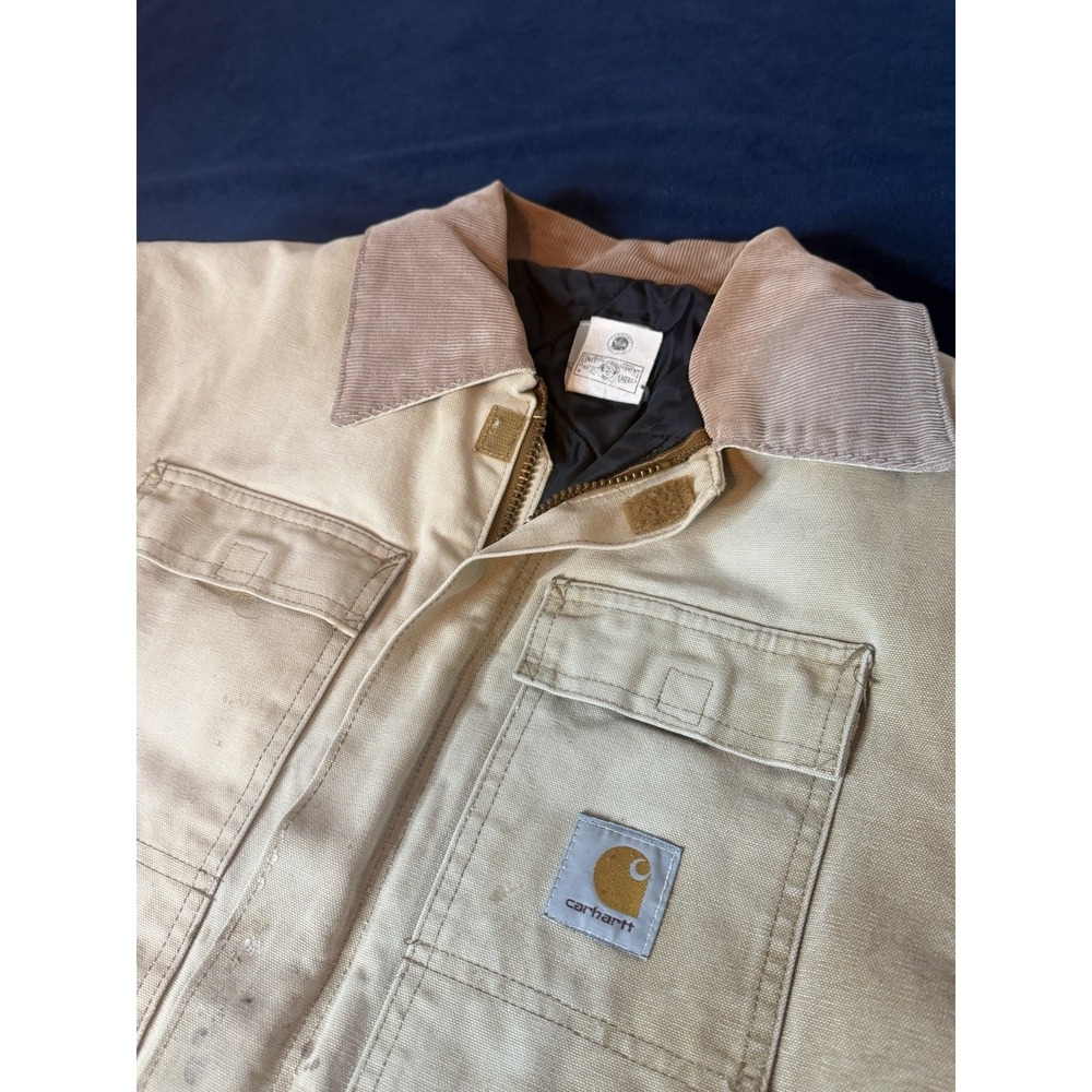 Vtg Carhartt Canvas Barncoat Utility Jacket 42R M/L Tan Corduroy Collar C03 BRN